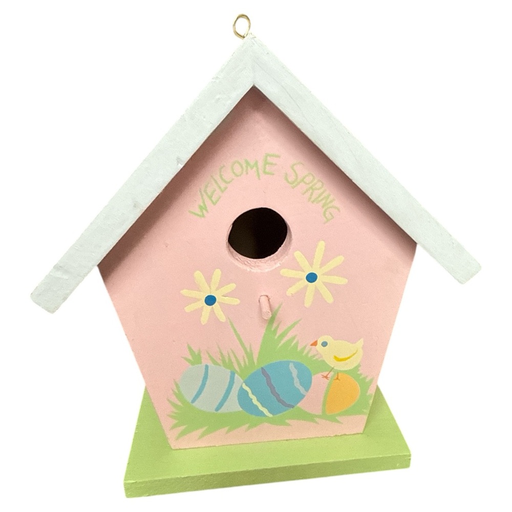Pink Wooden Spring Birdhouse Décor Welcome Spring Easter Eggs Chick Hand Painted